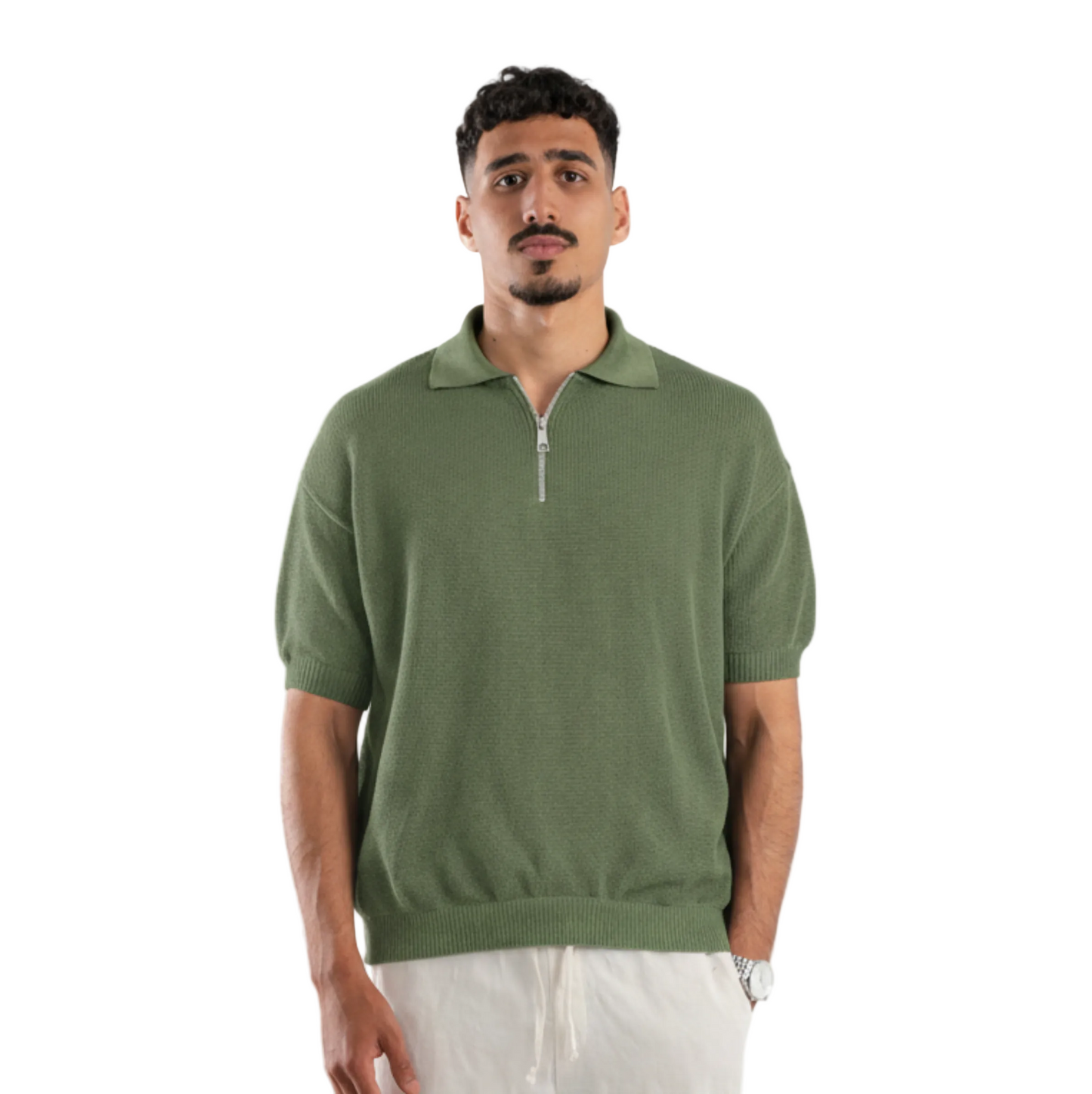 Olive Polo Knitted zip up shirt